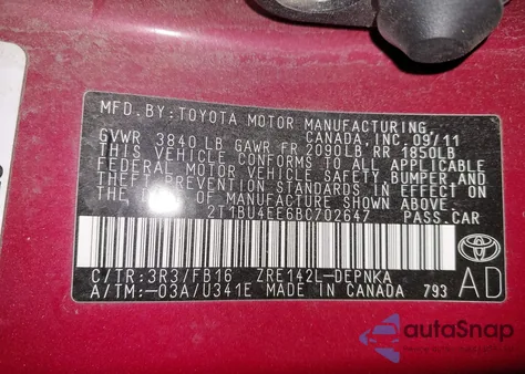 2011 Toyota Corolla Le z USA, uszkodzony, nr VIN 2T1BU4EE6BC702647